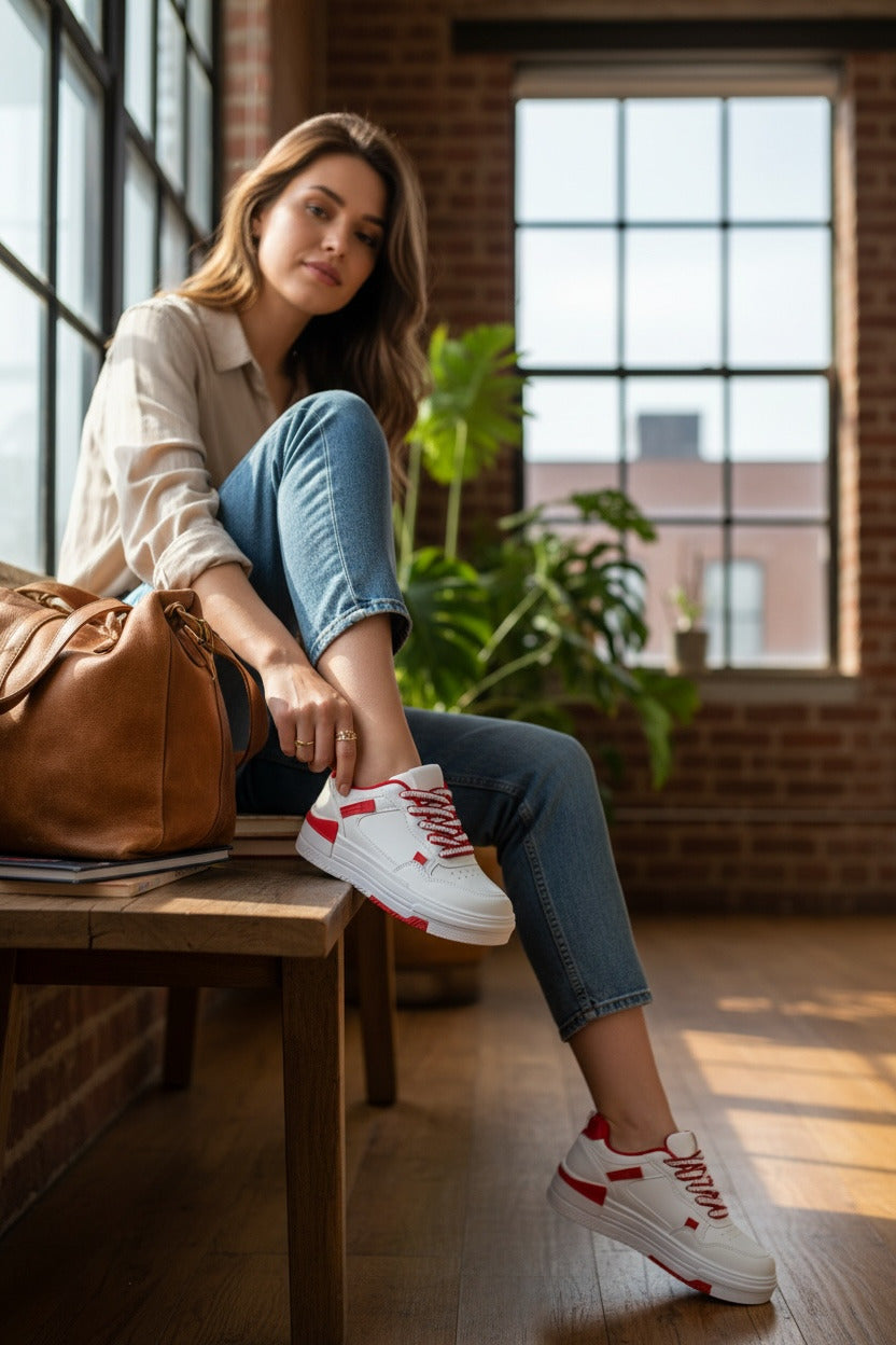 Adidasi dama casual albi cu rosu 8002