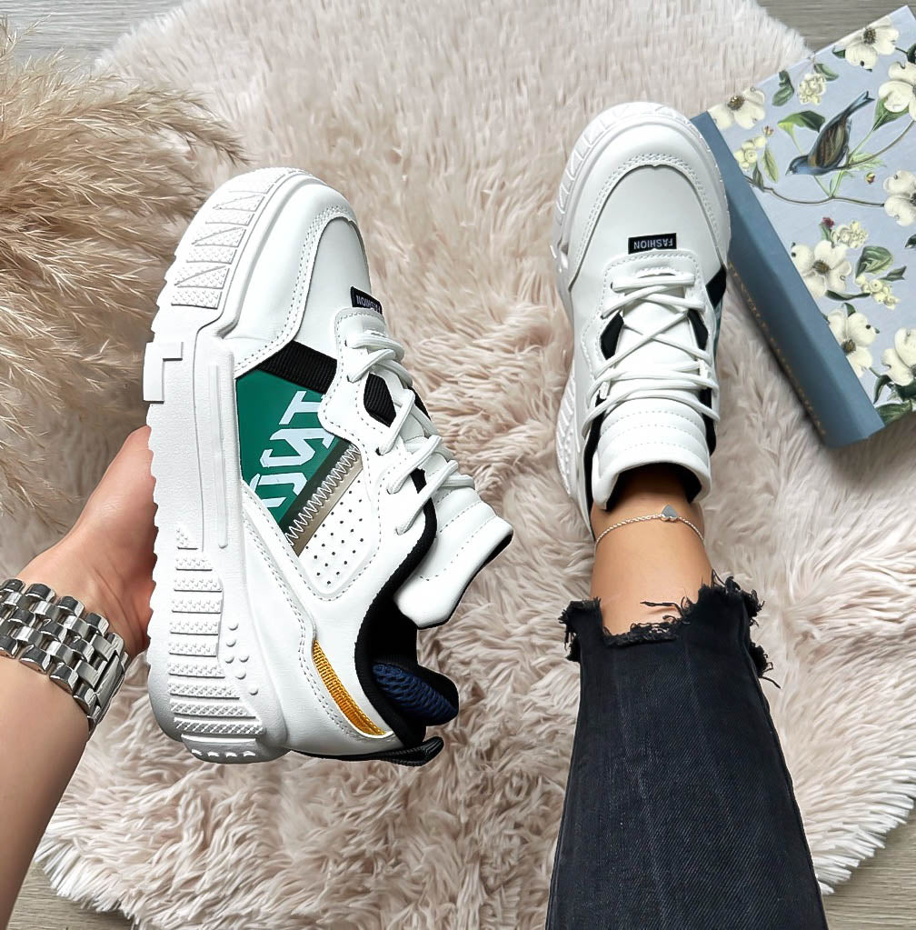 Adidasi dama casual albi cu verde A93