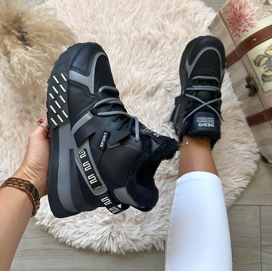 Ghete dama, imblanite, negre cu gri, B91