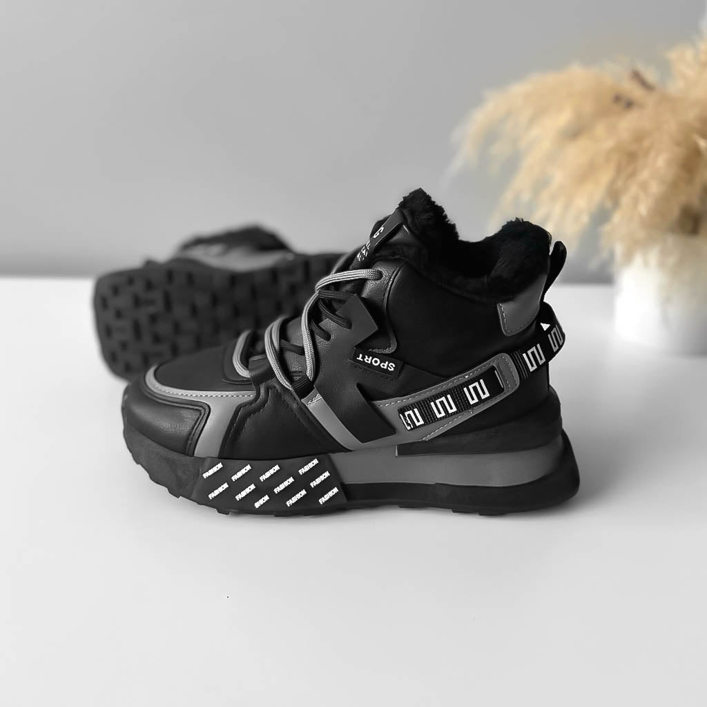 Ghete dama, imblanite, negre cu gri, B91