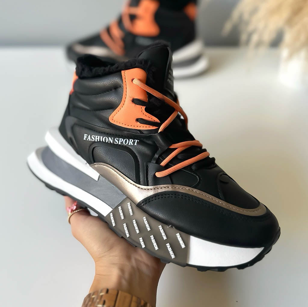Ghete dama, imblanite, negre cu orange, B91