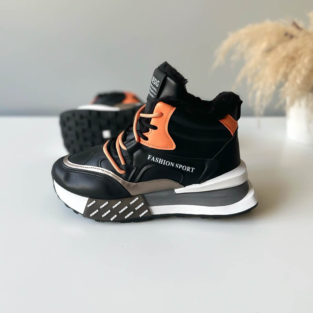 Ghete dama, imblanite, negre cu orange, B91
