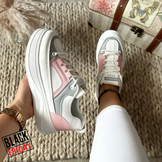 Adidasi dama casual cu talpa inalta albi cu gri CL2309 N6-3