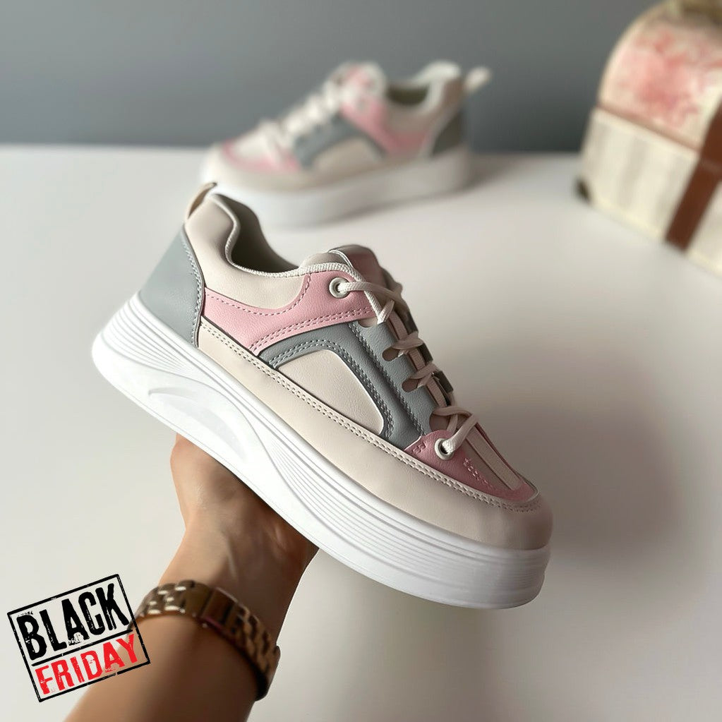 Adidasi dama casual cu talpa inalta bej cu roz CL2309 N8-3