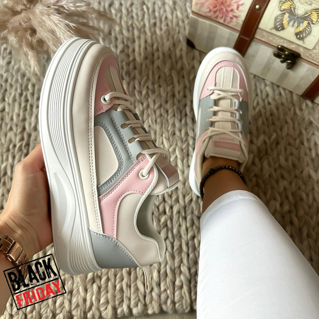 Adidasi dama casual cu talpa inalta bej cu roz CL2309 N8-3