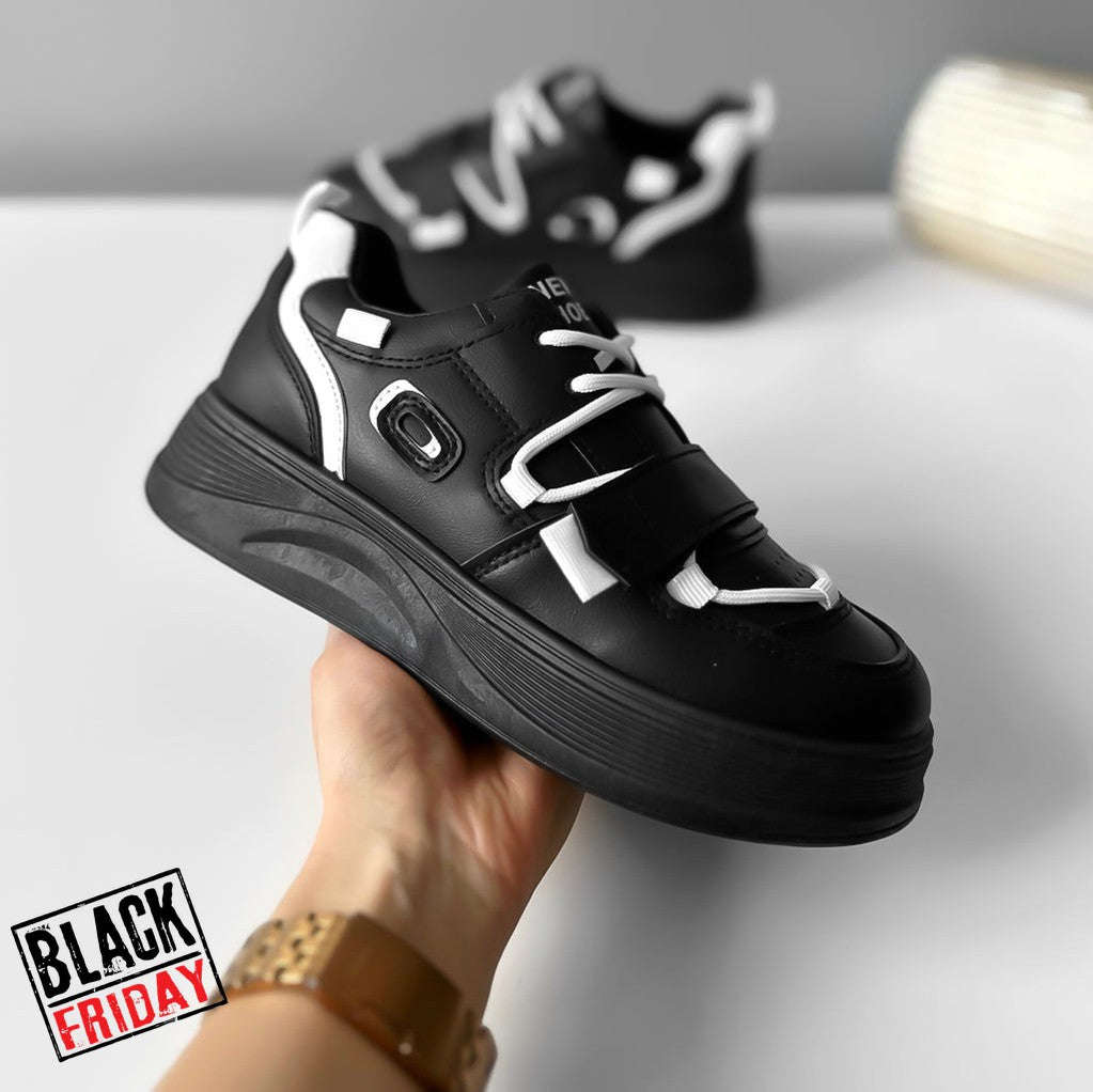 Adidasi dama casual cu talpa inalta negru cu alb CL2333 T7-1