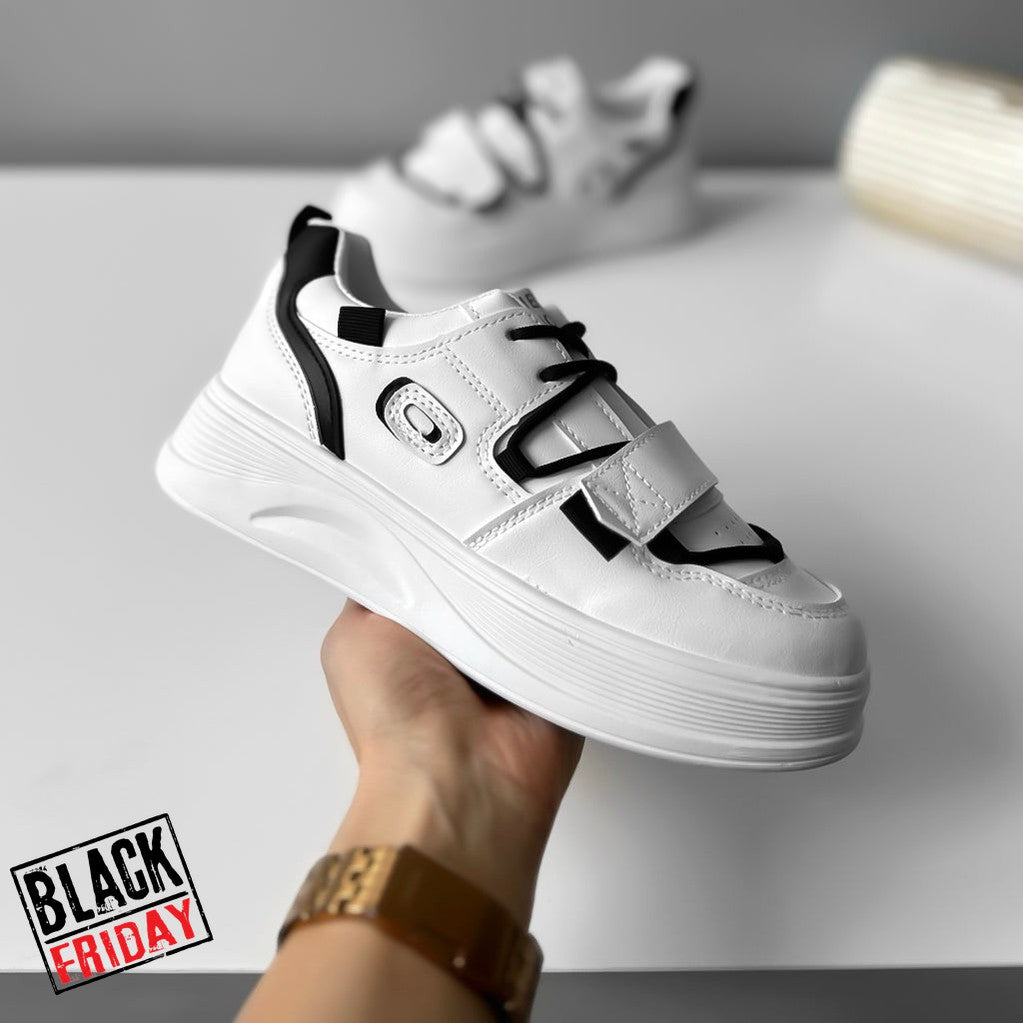 Adidasi dama casual cu talpa inalta albi cu negru CL2333 T7-1