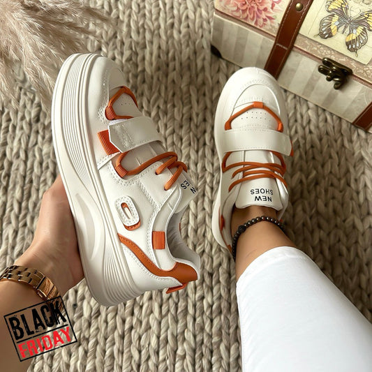 Adidasi dama casual cu talpa inalta albi cu orange CL2333 T7-1