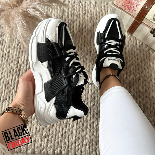 Adidasi dama casual cu talpa inalta negri cu alb CL2401 T50-3