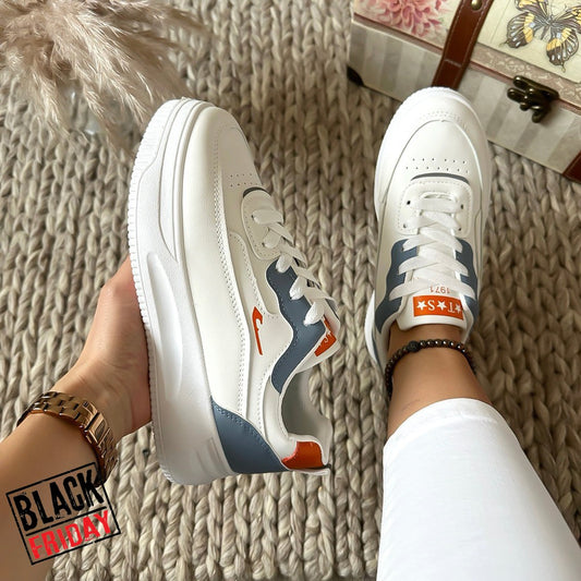 Adidasi dama casual cu talpa inalta albi cu albastru CL2403 T5-2