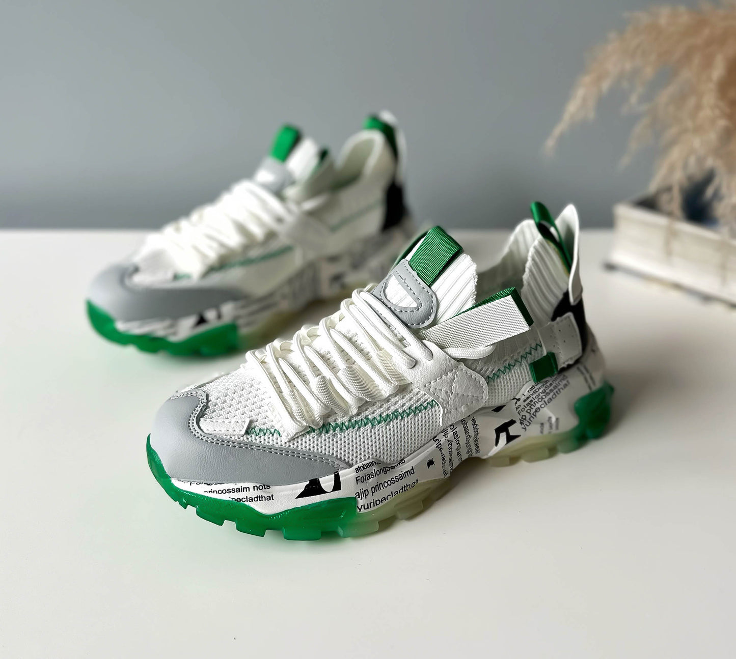 Adidasi dama casual albi cu verde H21