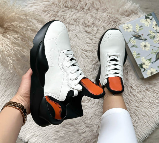 Adidasi dama casual albi cu portocaliu H9