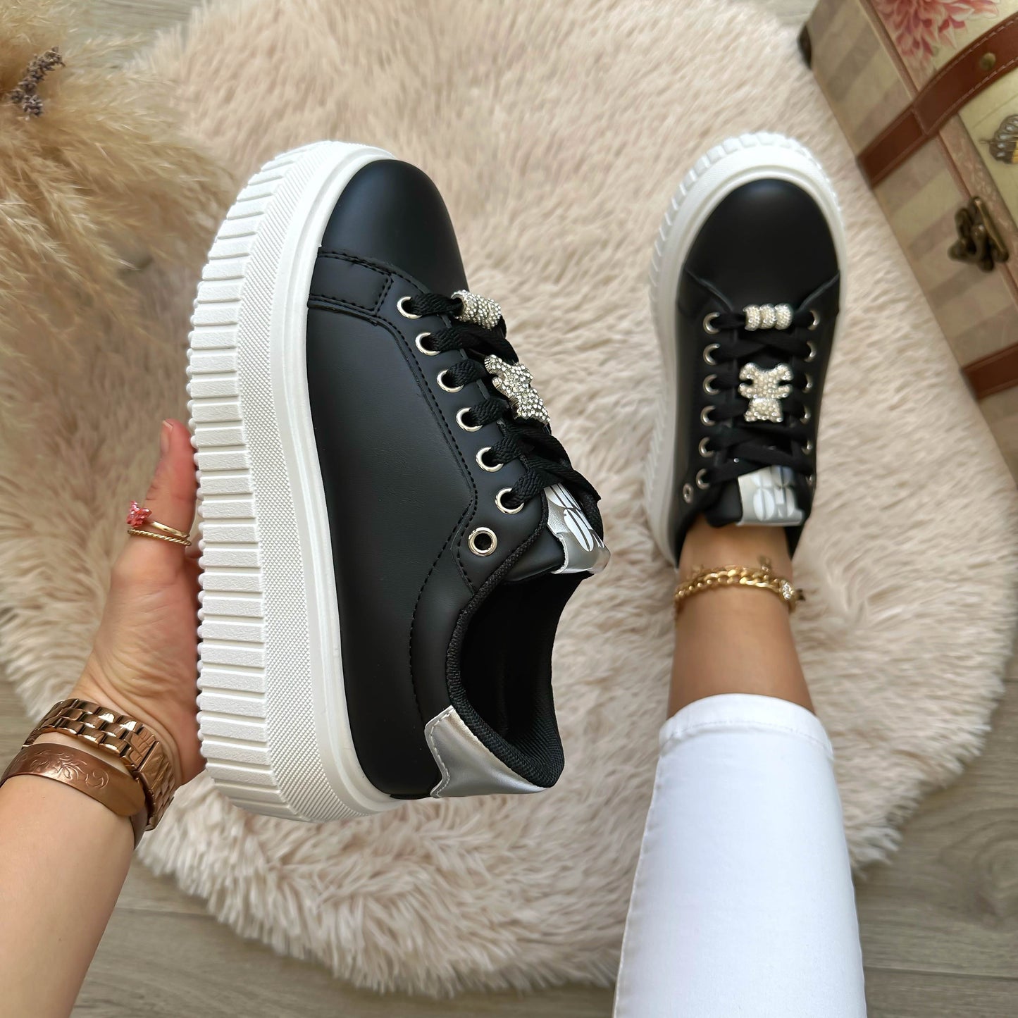 Adidasi dama casual negri cu alb, platforma 7 cm, LA241 N6-4