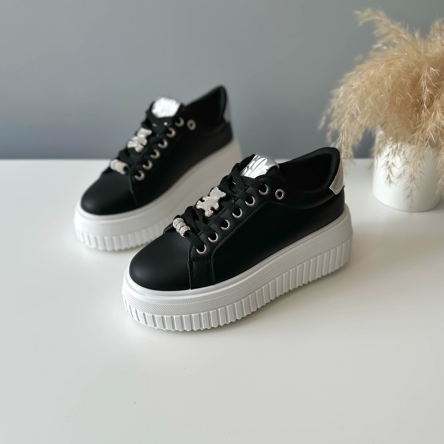 Adidasi dama casual negri cu alb, platforma 7 cm, LA241 N6-4