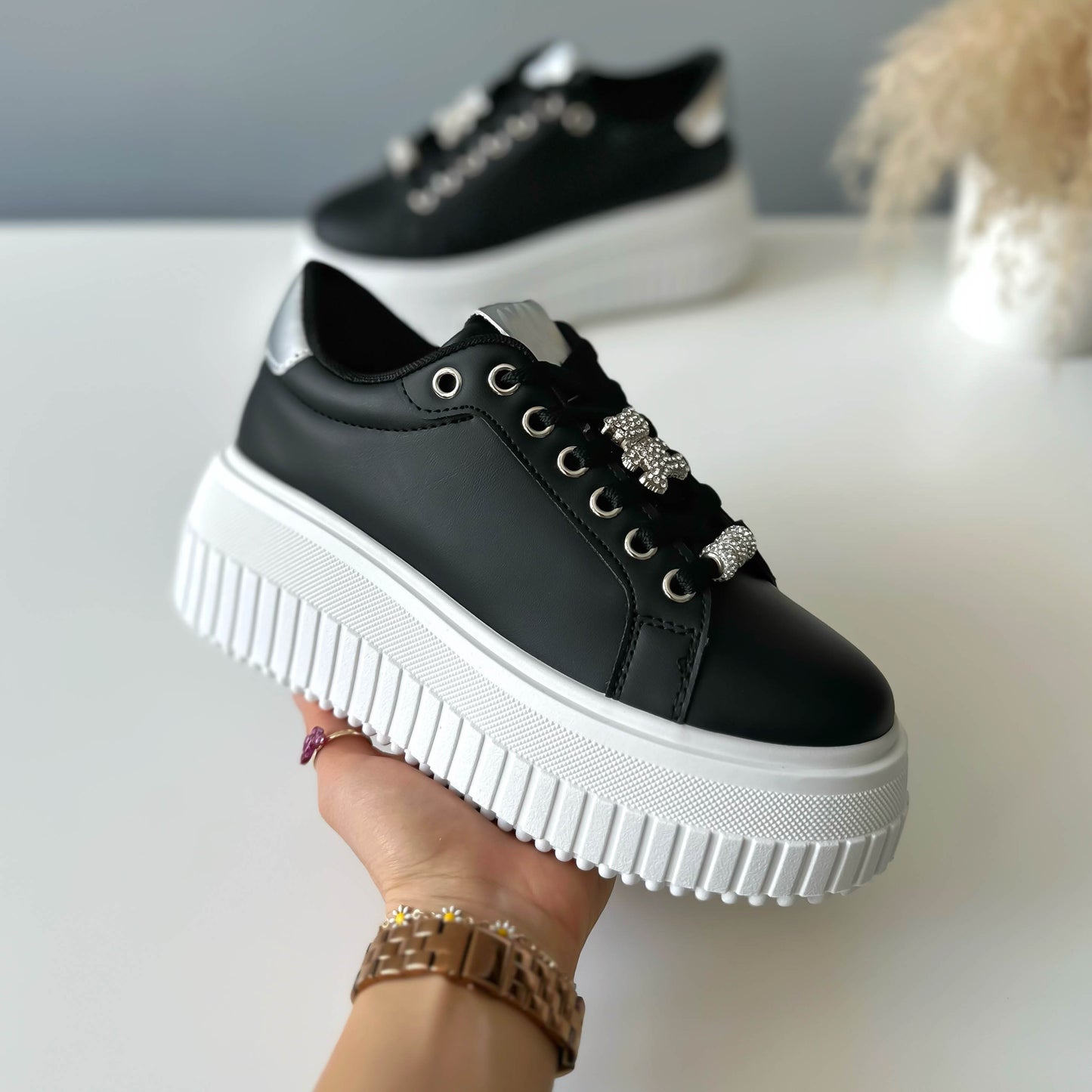 Adidasi dama casual negri cu alb, platforma 7 cm, LA241 N6-4