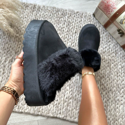 Saboti imblaniti cu platforma, piele ecologica intoarsa negri, MDB23