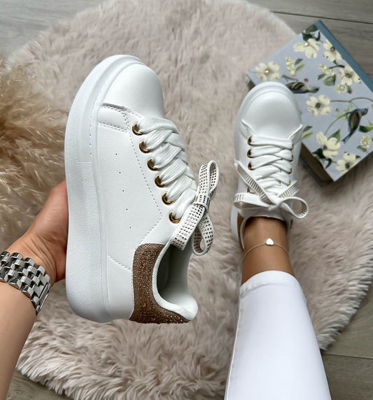 Adidasi dama casual albi cu auriu WW085 T5-2