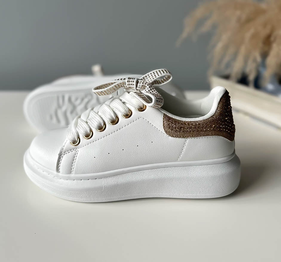 Adidasi dama casual albi cu auriu WW085 T5-2