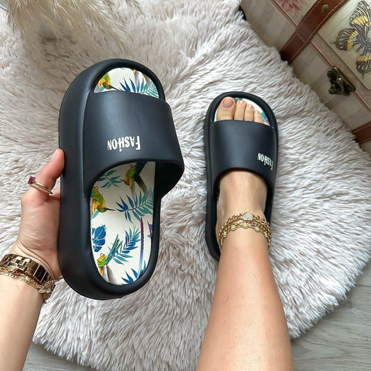 Papuci dama casual, platforma 5 cm, negri, XF34