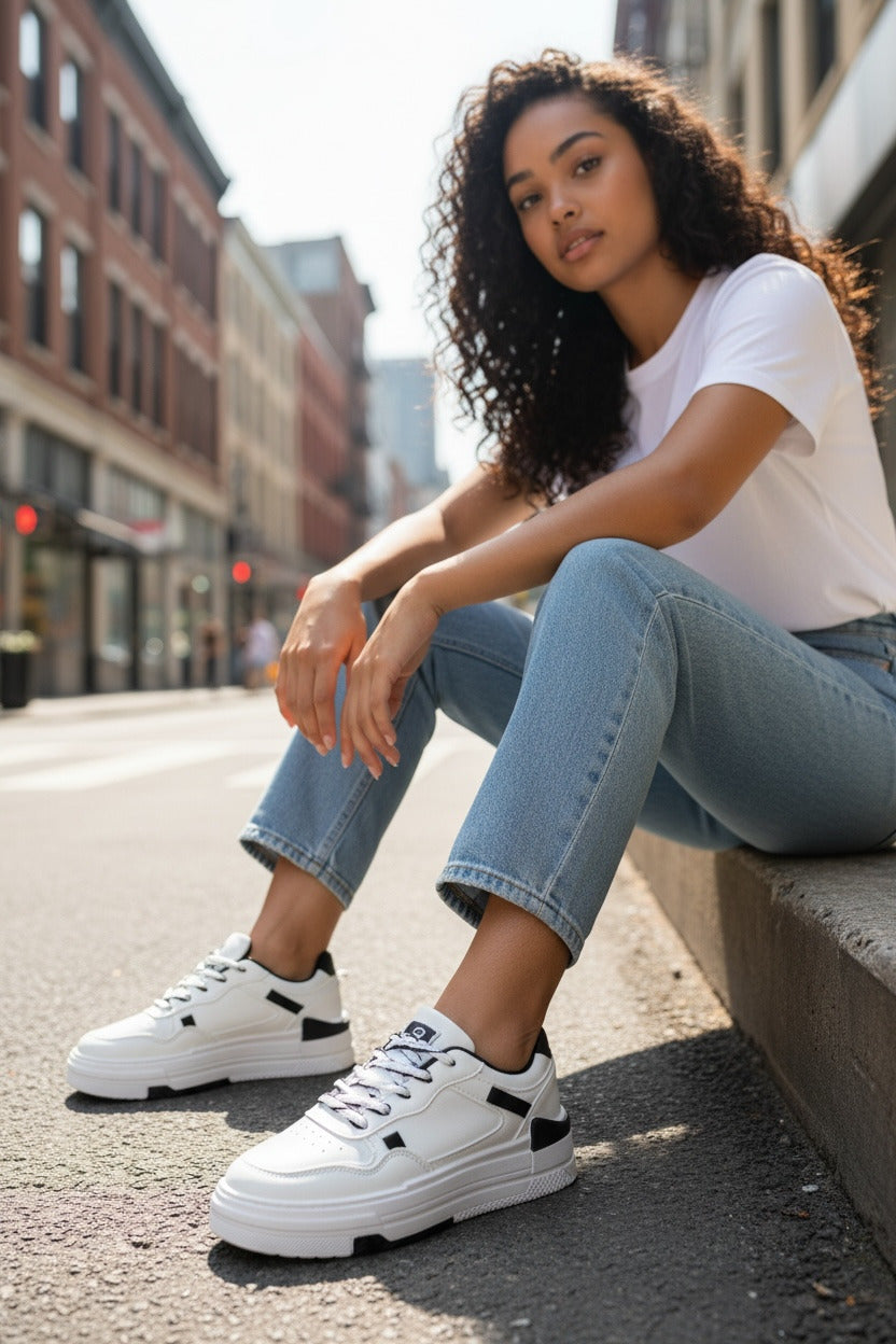 Adidasi dama casual albi cu negru 8002