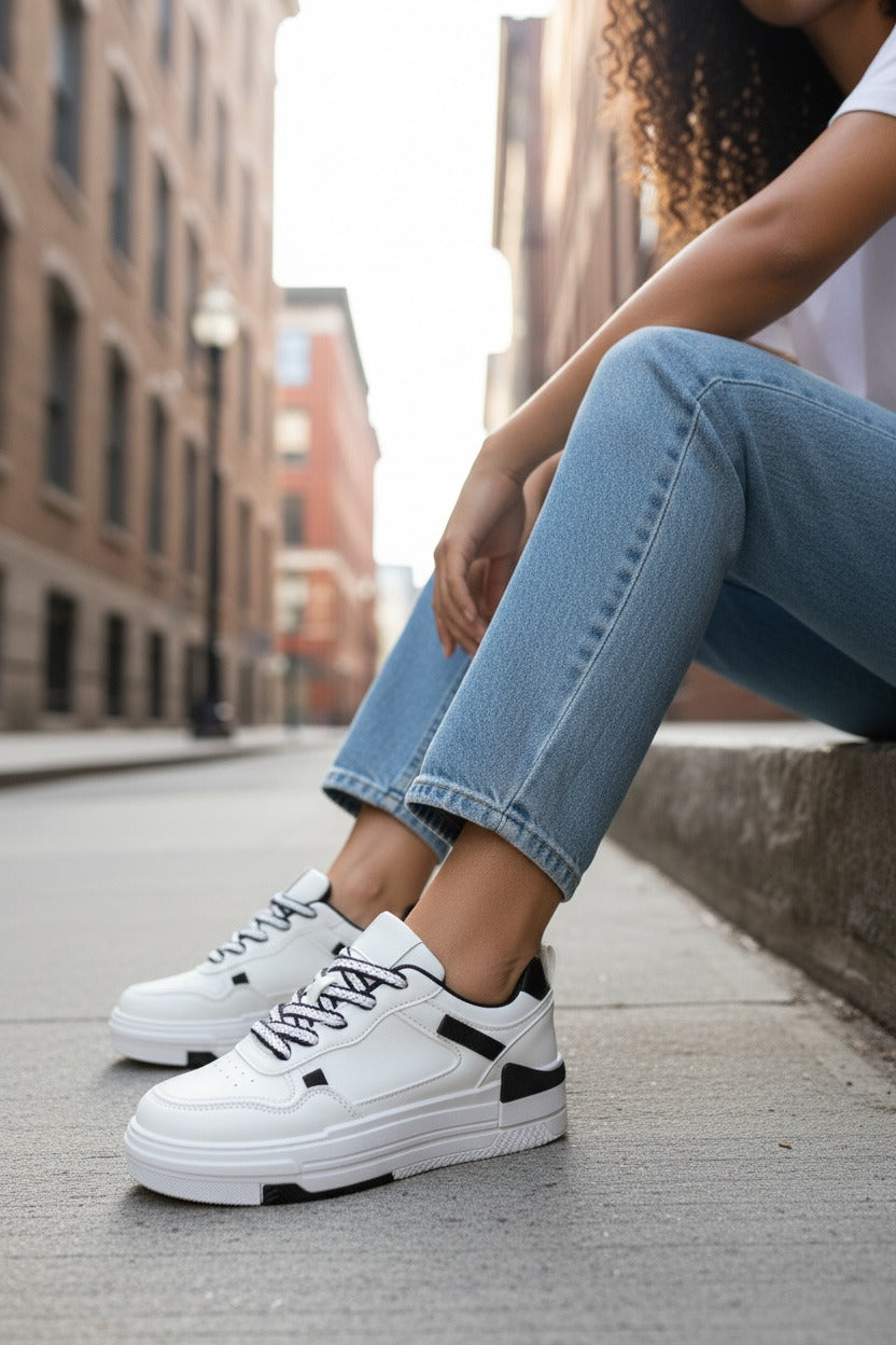 Adidasi dama casual albi cu negru 8002