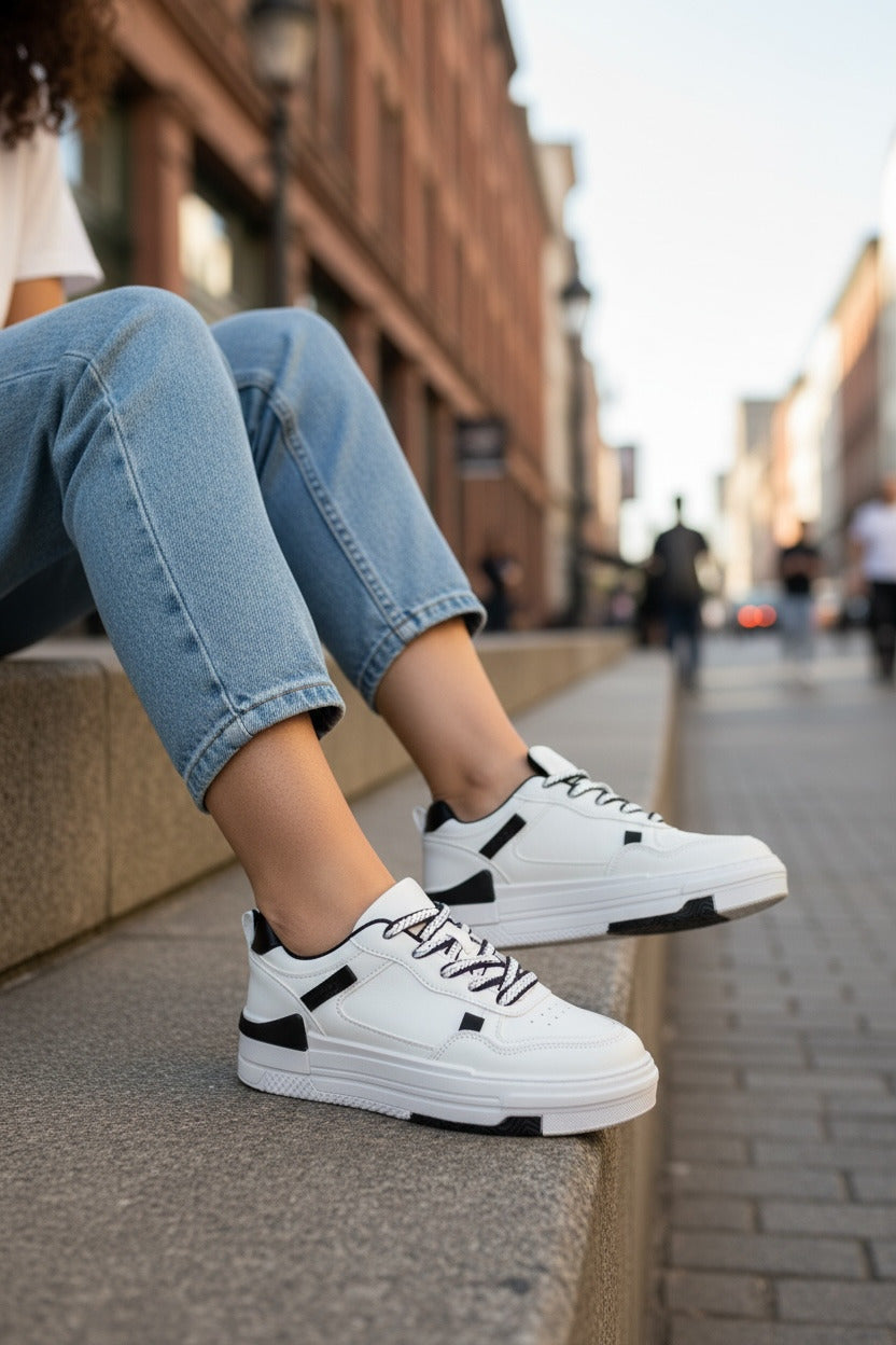 Adidasi dama casual albi cu negru 8002