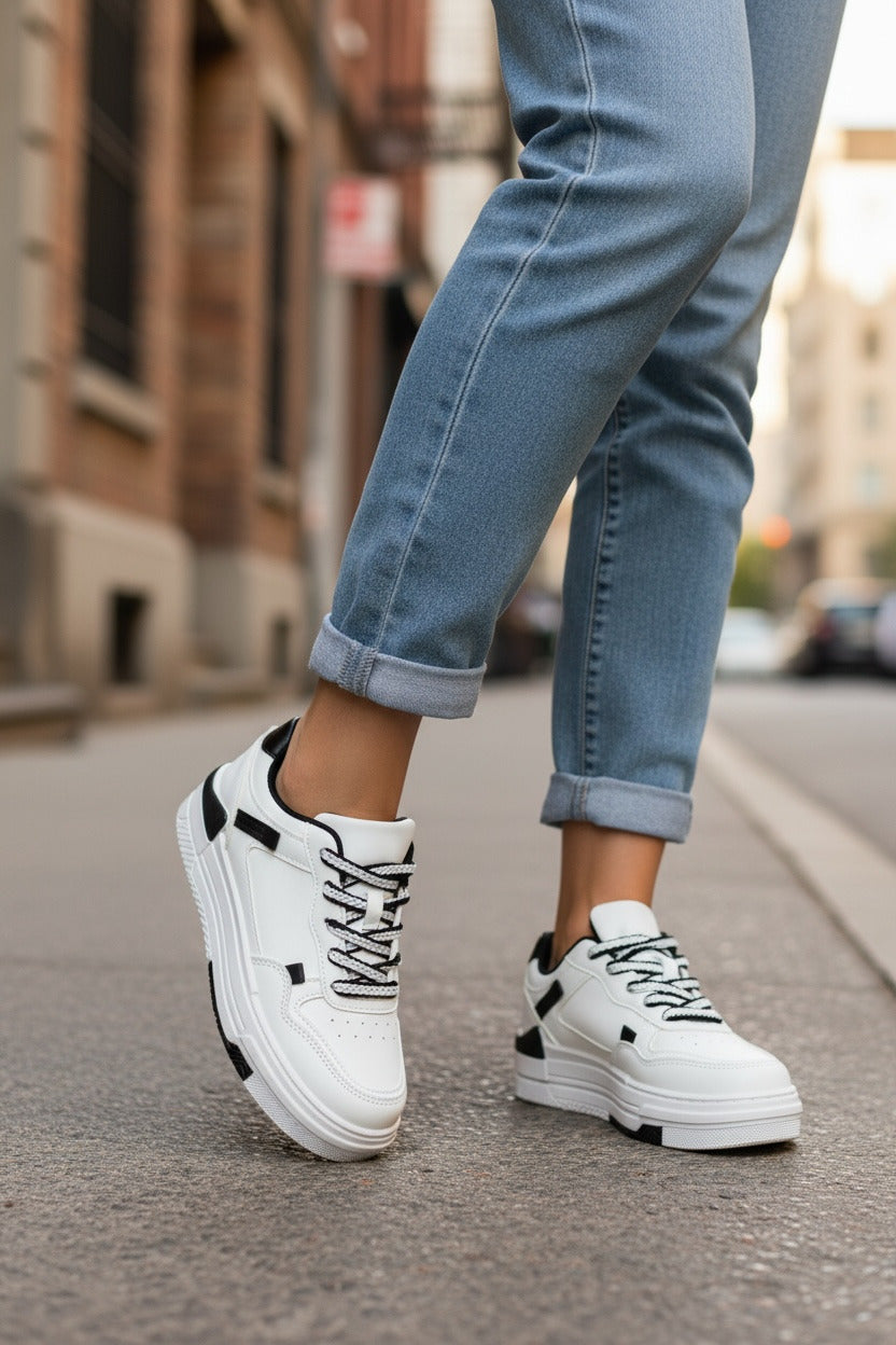 Adidasi dama casual albi cu negru 8002