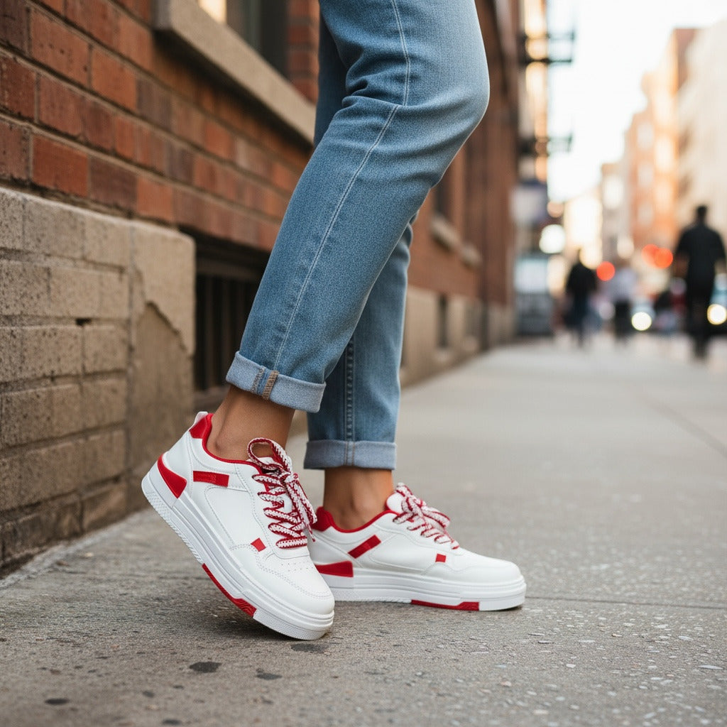 Adidasi dama casual albi cu rosu 8002