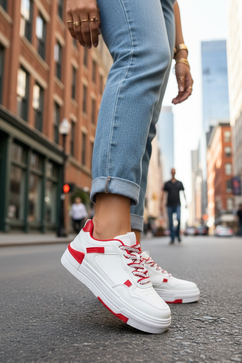 Adidasi dama casual albi cu rosu 8002