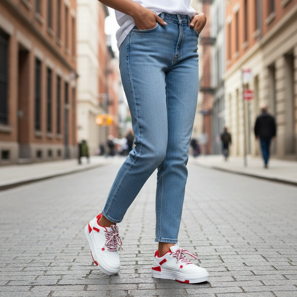 Adidasi dama casual albi cu rosu 8002