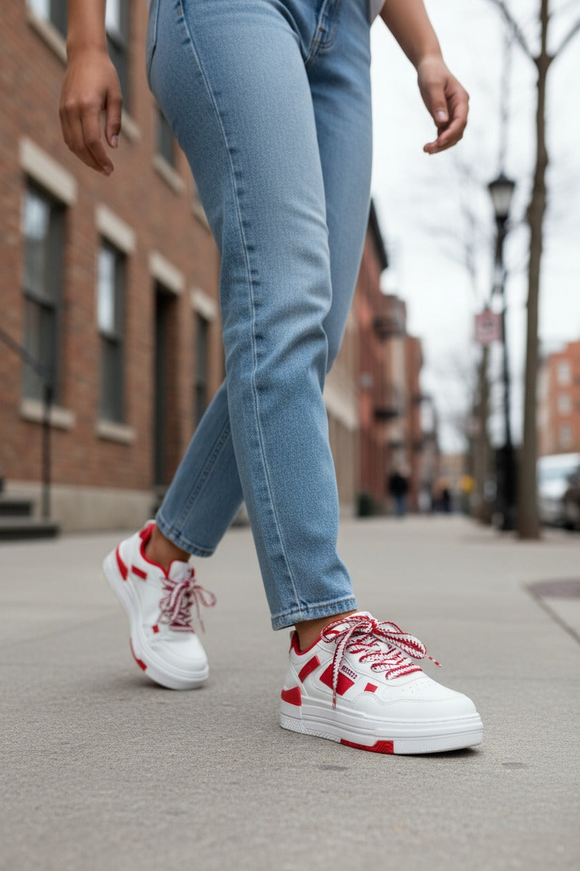 Adidasi dama casual albi cu rosu 8002