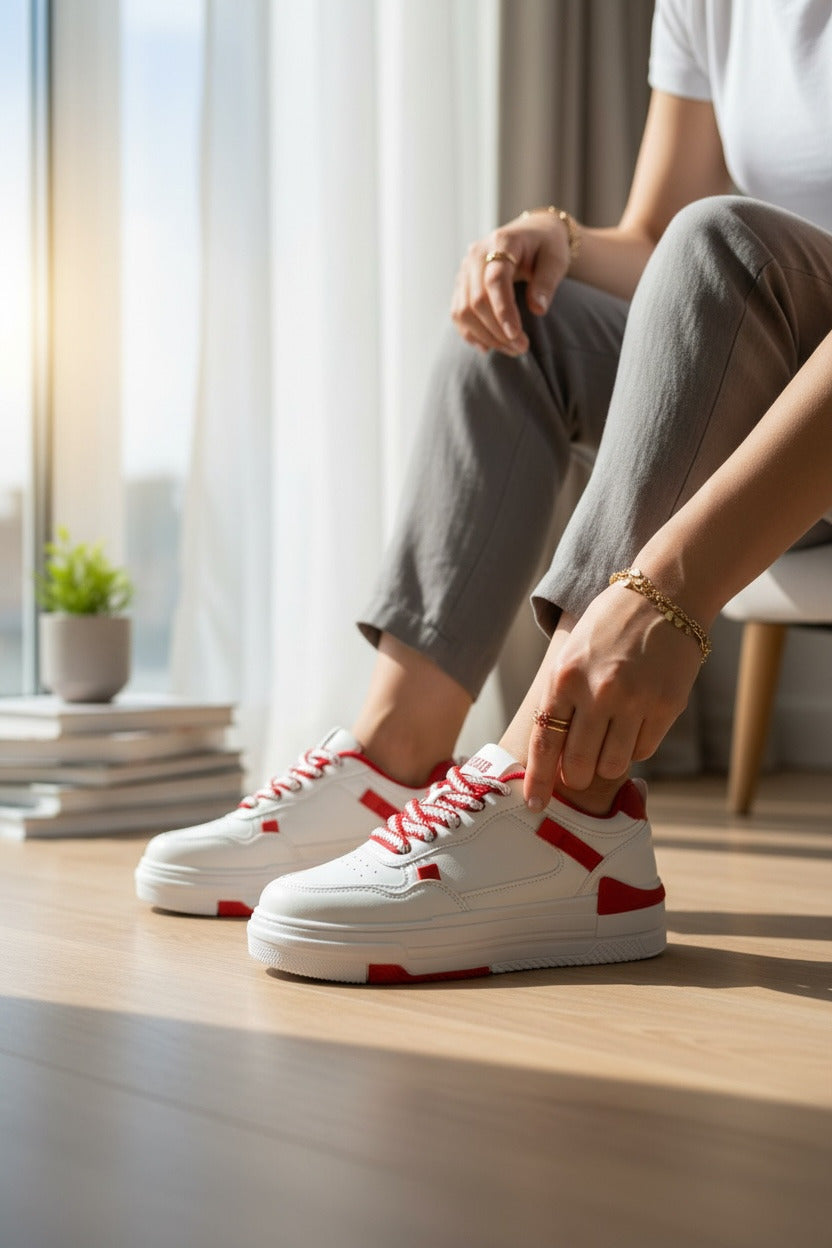 Adidasi dama casual albi cu rosu 8002