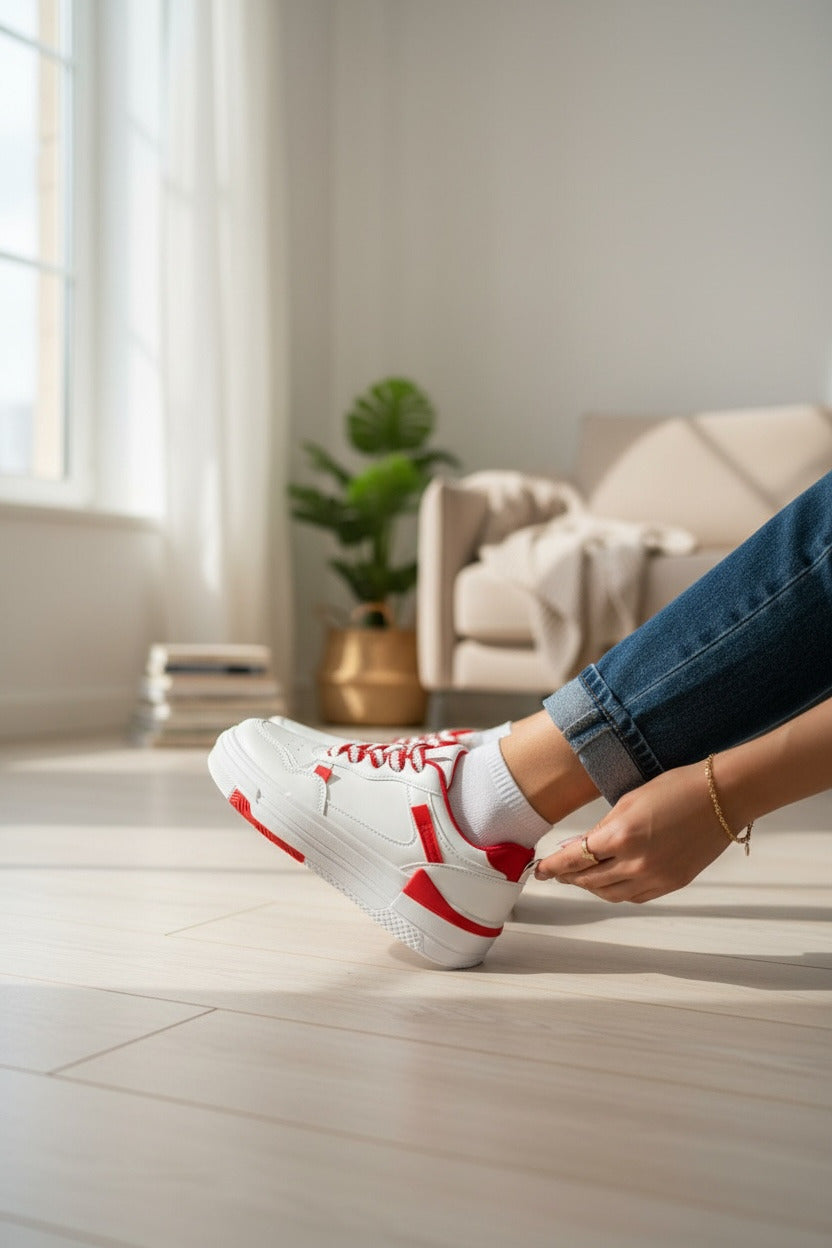 Adidasi dama casual albi cu rosu 8002