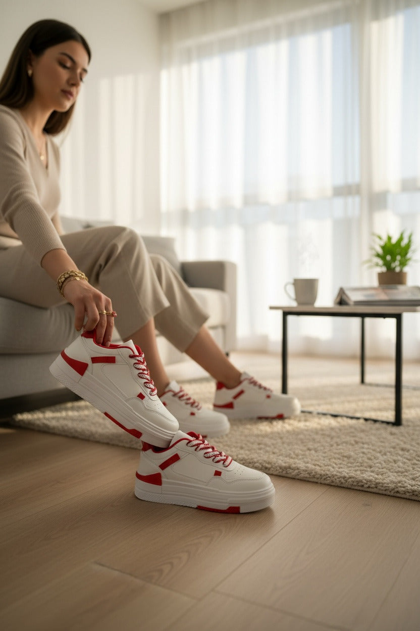 Adidasi dama casual albi cu rosu 8002