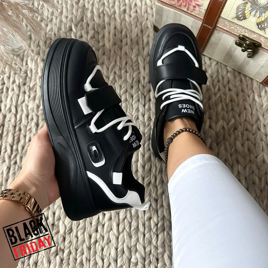 Adidasi dama casual cu talpa inalta negru cu alb CL2333 T7-1