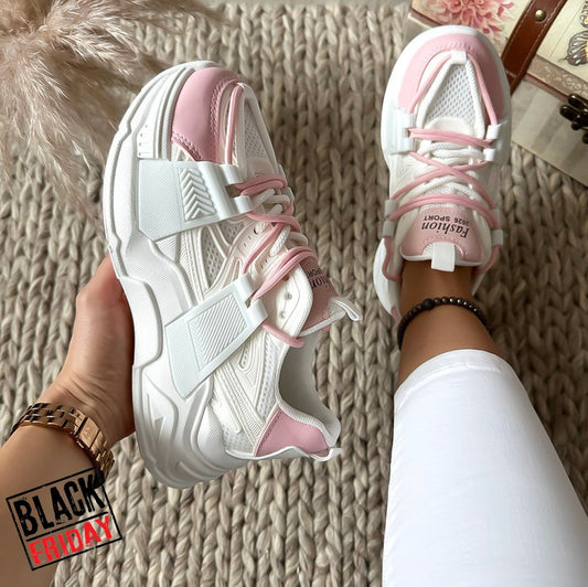 Adidasi dama casual cu talpa inalta albi cu roz CL2401 A39-2