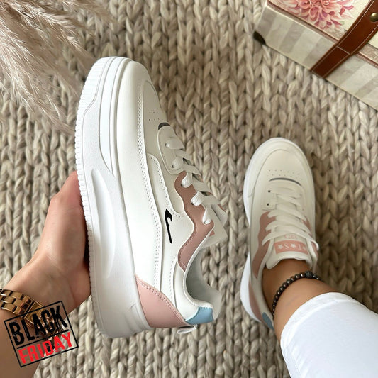 Adidasi dama casual cu talpa inalta albi cu roz CL2403 T5-2