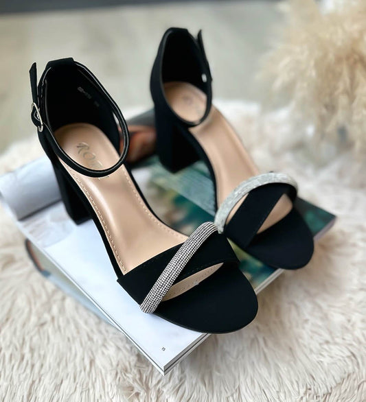 Sandale dama cu toc gros, GH110, negre din catifea N13-4